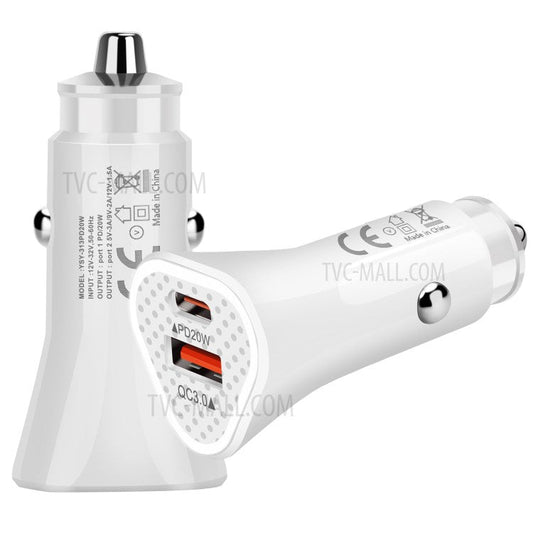 SY-313PD20W QC3.0 USB + PD 20W Type-C Dual Port Car Charger Adapter for iPhone 12 Pro Xiaomi Huawei - White
