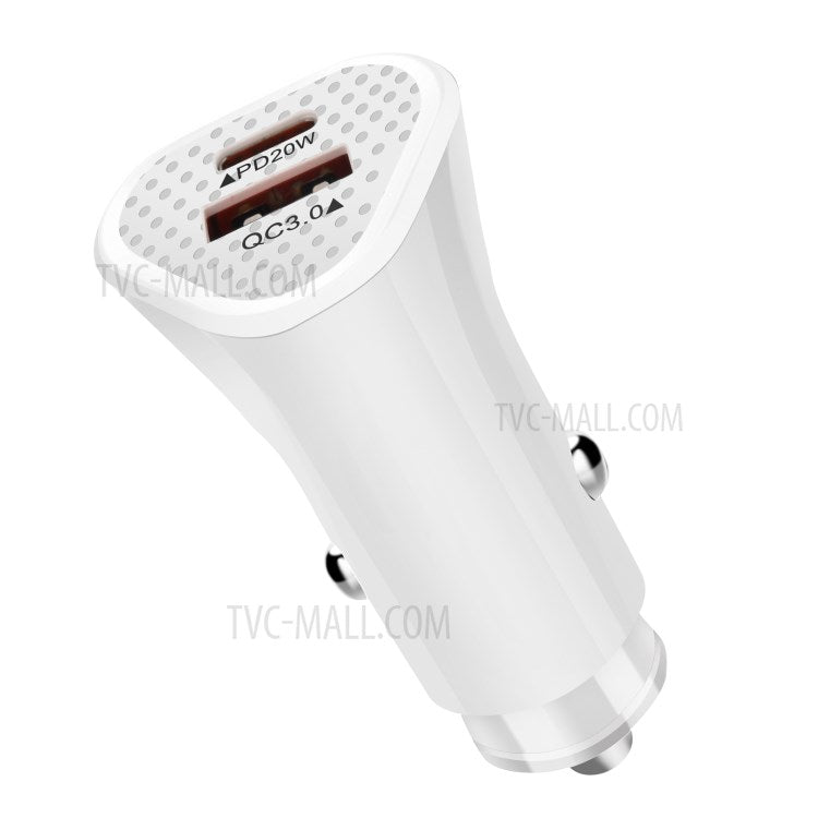 SY-313PD20W QC3.0 USB + PD 20W Type-C Dual Port Car Charger Adapter for iPhone 12 Pro Xiaomi Huawei - White