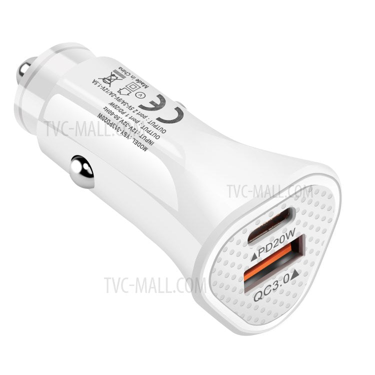 SY-313PD20W QC3.0 USB + PD 20W Type-C Dual Port Car Charger Adapter for iPhone 12 Pro Xiaomi Huawei - White