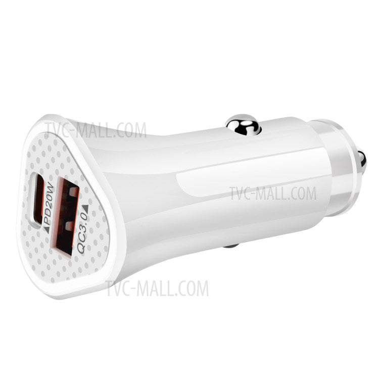 SY-313PD20W QC3.0 USB + PD 20W Type-C Dual Port Car Charger Adapter for iPhone 12 Pro Xiaomi Huawei - White
