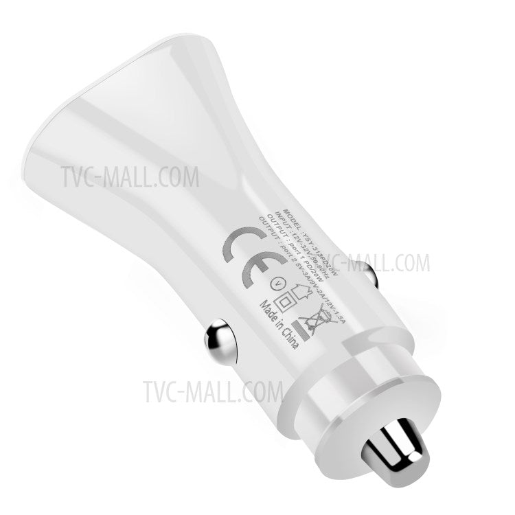 SY-313PD20W QC3.0 USB + PD 20W Type-C Dual Port Car Charger Adapter for iPhone 12 Pro Xiaomi Huawei - White