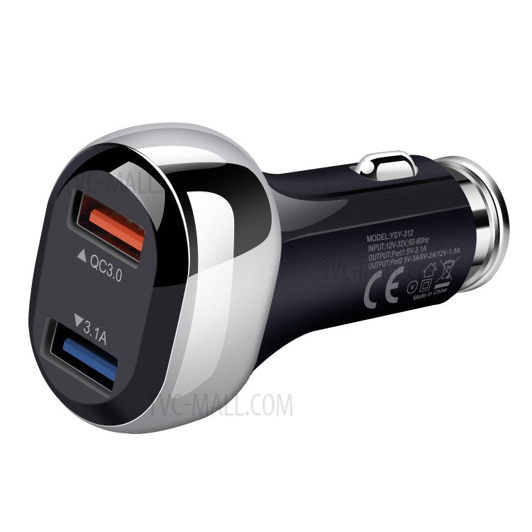 YSY-312PD QC3.0 USB + PD 18W Type-C Dual Port Car Charger Fast Charging Adapter for Huawei/iPhone - Black