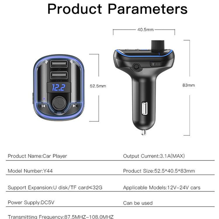 YESIDO Y44 Bluetooth FM Transmitter for Car 2 USB Ports Charger Battery Voltage Detection Audio Adapter