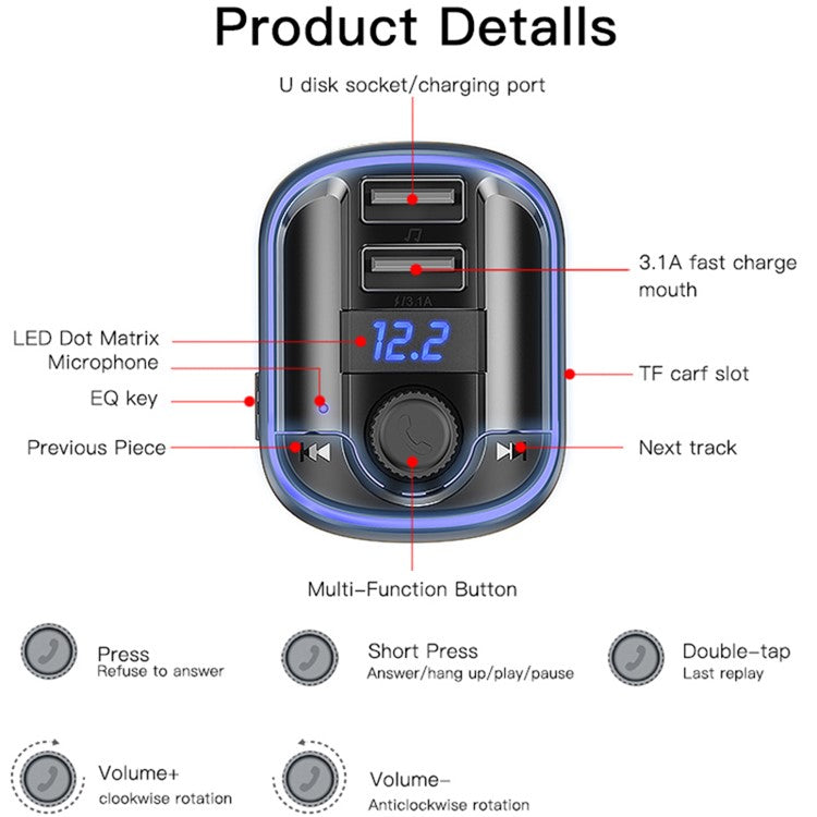 YESIDO Y44 Bluetooth FM Transmitter for Car 2 USB Ports Charger Battery Voltage Detection Audio Adapter