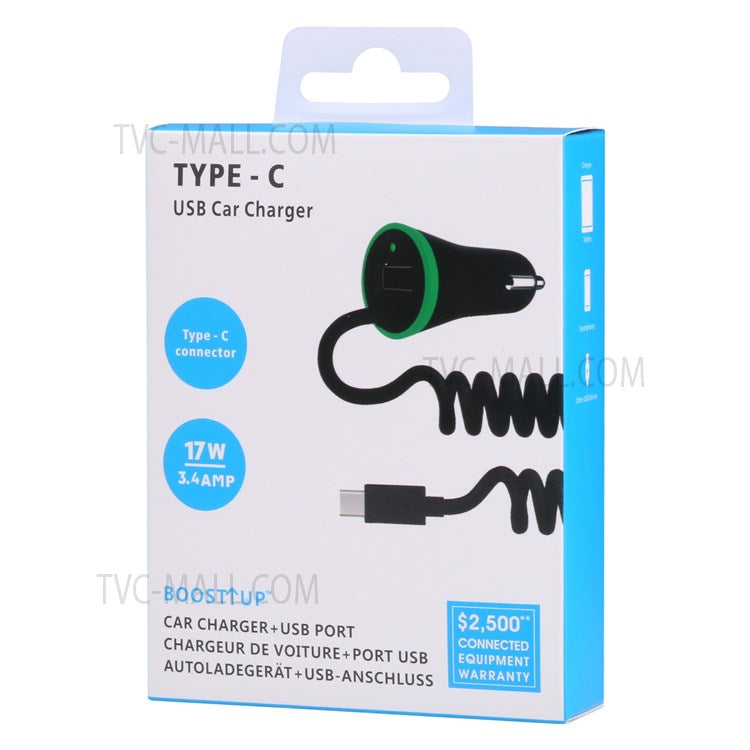 USB Car Charger with Indicator Light and Stretchable Data Cable for Mobile Phone Tablet Bluetooth Speaker - Type-C Interface