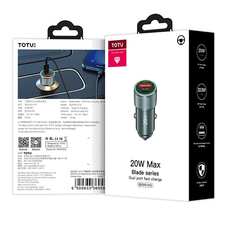TOTU DCCPD-10 Blade Series USB 18W + Type C 20W Dual Port Car Charger Fast Charging Mobile Phone Charger for iPhone Samsung Xiaomi
