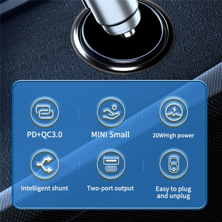 ACC-568 Type-C+USB Car Charger Adapter 20W PD 3.0 LED Display Phone Charger Fast Car Charger