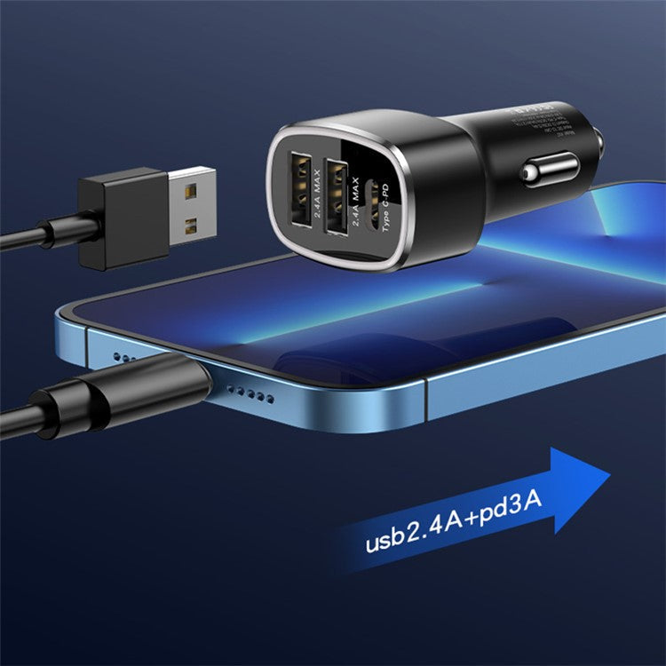 YESIDO Y47 3 Ports 49W Fast Charging Car Charger Type-C Phone Power Adapter