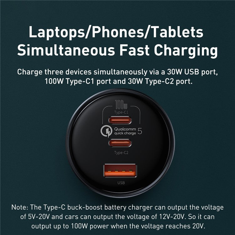 BASEUS Qualcomm QC 5.0 Technology Multi-Port Fast Charge Car Charger Type-C+Type-C+USB 160W Power Adapter with Type-C Cable