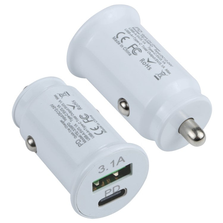 TE-339PD 5V/3.1A PC Type-C + 3.1A USB Mini Car Charger Dual Ports Cigarette Lighter Fast Charging - White