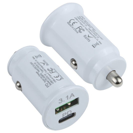 TE-339PD 5V/3.1A PC Type-C + 3.1A USB Mini Car Charger Dual Ports Cigarette Lighter Fast Charging - White