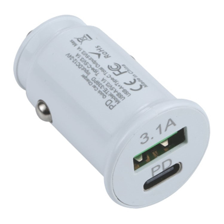 TE-339PD 5V/3.1A PC Type-C + 3.1A USB Mini Car Charger Dual Ports Cigarette Lighter Fast Charging - White