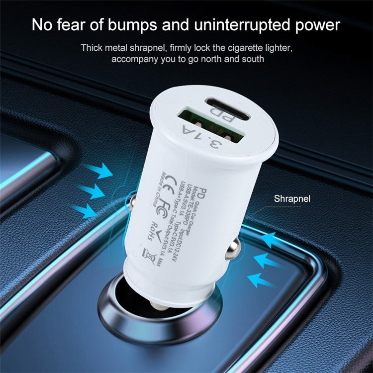 TE-339PD 5V/3.1A PC Type-C + 3.1A USB Mini Car Charger Dual Ports Cigarette Lighter Fast Charging - White