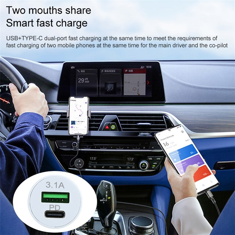 TE-339PD 5V/3.1A PC Type-C + 3.1A USB Mini Car Charger Dual Ports Cigarette Lighter Fast Charging - White