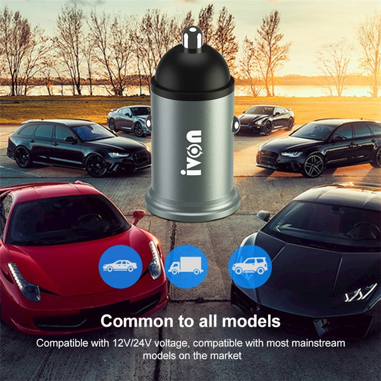 IVON CC37 Mini Car Charger Dual Ports Cigarette Lighter Fast Charging with 1m USB to Type-C Cable