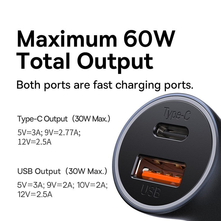 BASEUS Golden Contactor Max USB+Type C 60W Dual Output Fast Charger Universal Car Charger for Cell Phone Camera Tablets Laptops - Dark Grey