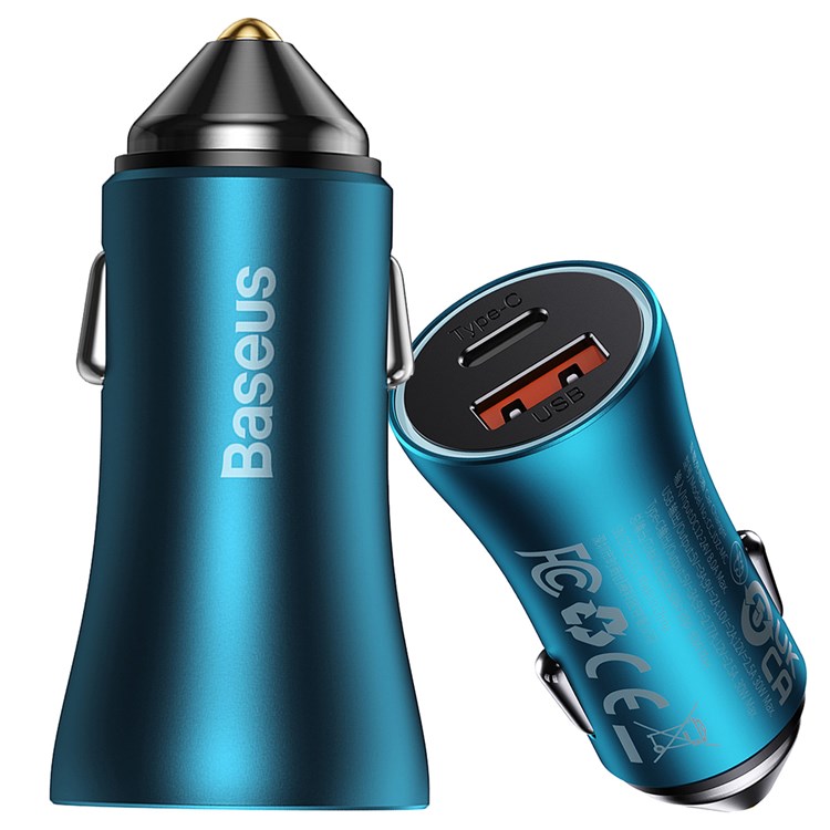 BASEUS Golden Contactor Max USB+Type C 60W Dual Output Fast Charger Universal Car Charger for Cell Phone Camera Tablets Laptops - Blue