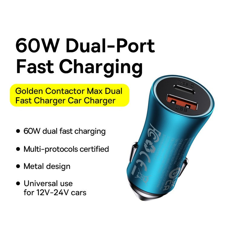 BASEUS Golden Contactor Max USB+Type C 60W Dual Output Fast Charger Universal Car Charger for Cell Phone Camera Tablets Laptops - Blue