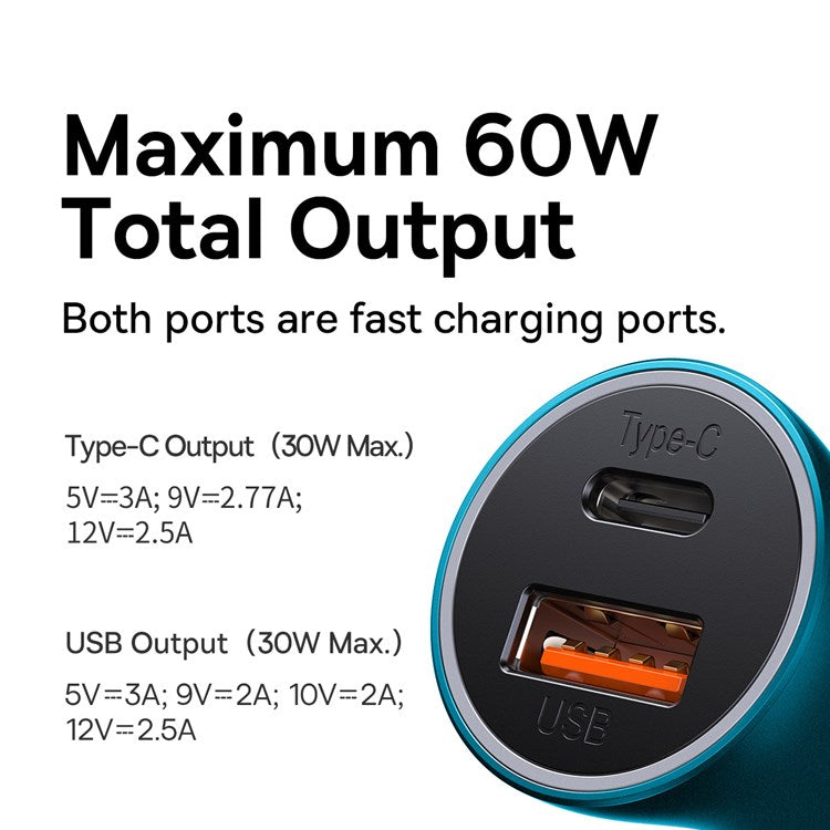 BASEUS Golden Contactor Max USB+Type C 60W Dual Output Fast Charger Universal Car Charger for Cell Phone Camera Tablets Laptops - Blue