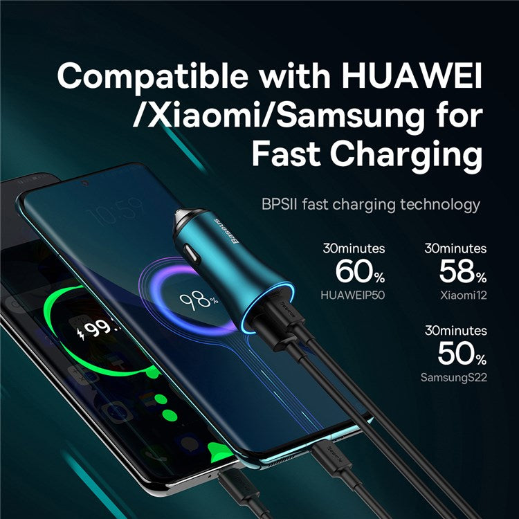 BASEUS Golden Contactor Max USB+Type C 60W Dual Output Fast Charger Universal Car Charger for Cell Phone Camera Tablets Laptops - Blue