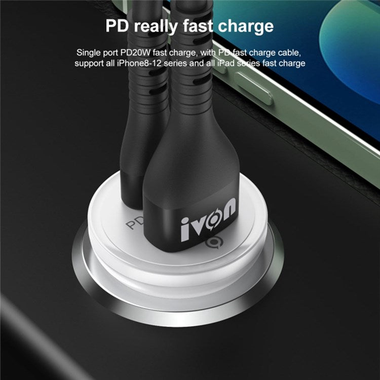 IVON CC45 20W PD 3.0 Type-C+QC 3.0 USB Dual Port Mini Car Charger Phone Fast Charging Adapter