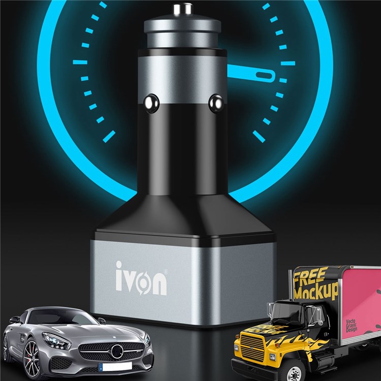 IVON CC43 45W PD 3.0 Dual Type-C+QC 3.0 USB Square Car Charger Phone Fast Charging Power Adapter