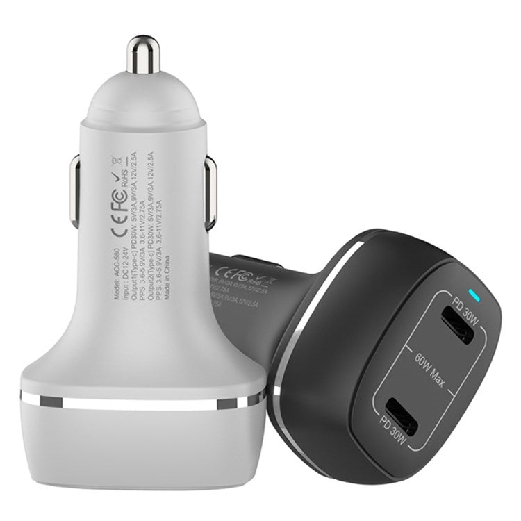 ACC-580 PD 60W Dual Type-C Ports Fast Charging Adapter Phone Car Charger - Black