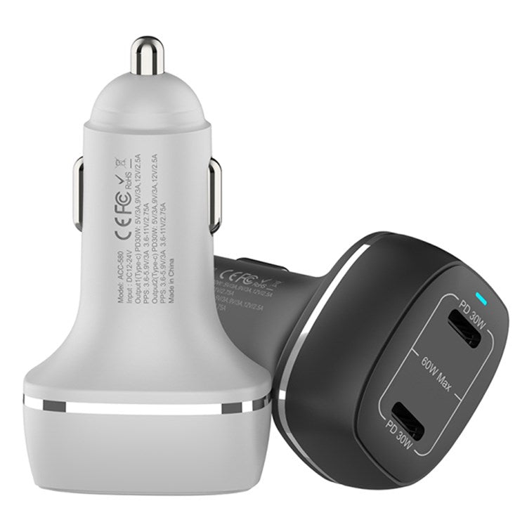 ACC-580 PD 60W Dual Type-C Ports Fast Charging Adapter Phone Car Charger - White
