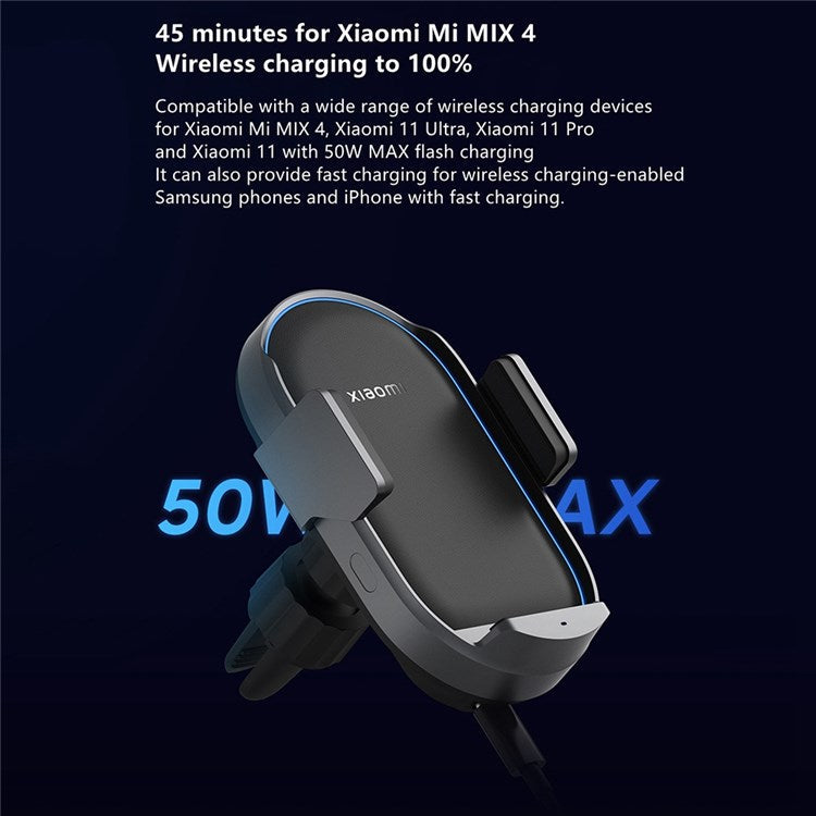 XIAOMI PRO Wireless Car Charger 50W Fast Charging Cell Phone Clip Phone Mount Dual-port Charger with Type-C Cable
