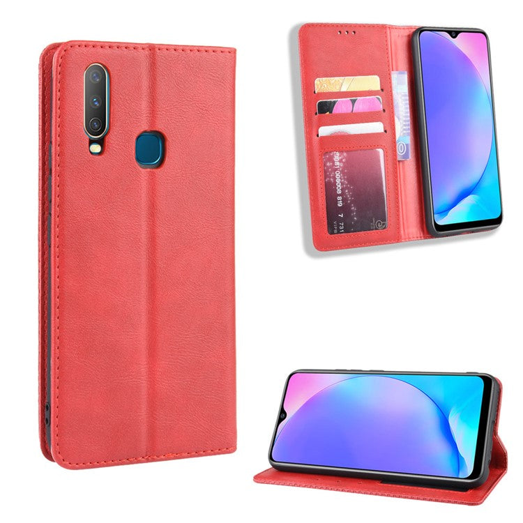 Vintage Style Leather Wallet Stand Phone Case for Vivo Y17/Y15/Y3 - Red
