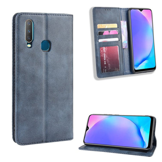 Vintage Style Leather Wallet Stand Phone Case for Vivo Y17/Y15/Y3 - Blue