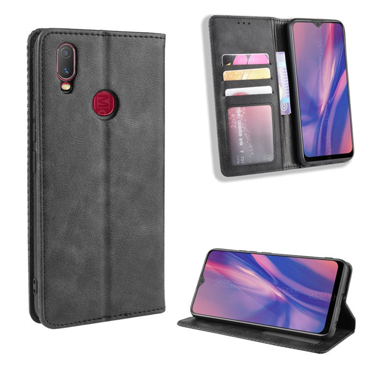 Vintage Style Leather Wallet Stand Case for vivo Y11 (2019) - Black