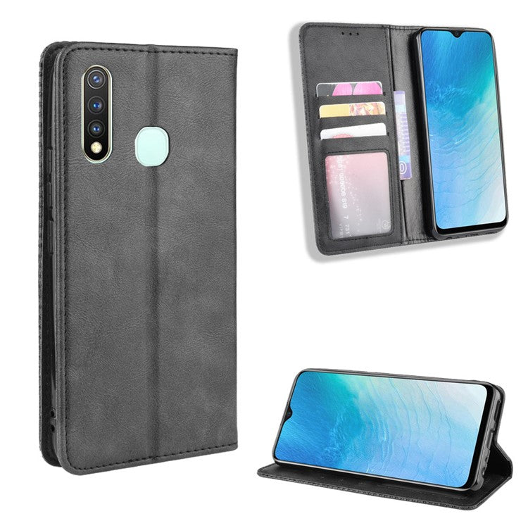 Vintage Style Leather Wallet Case for Vivo Y19/Y5S/U3/U20 - Black