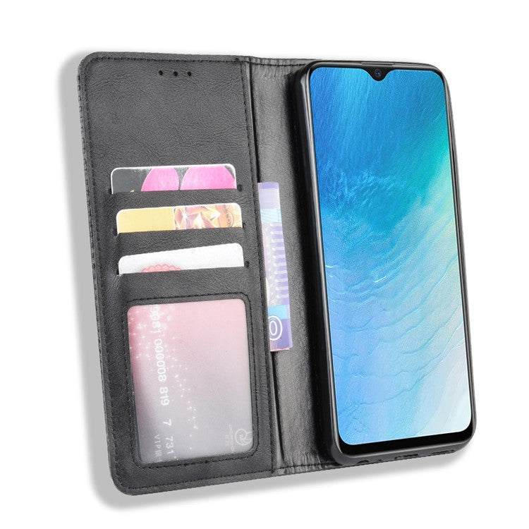 Vintage Style Leather Wallet Case for Vivo Y19/Y5S/U3/U20 - Black
