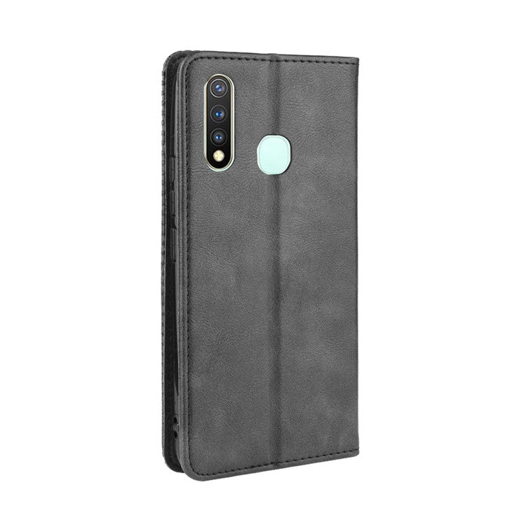 Vintage Style Leather Wallet Case for Vivo Y19/Y5S/U3/U20 - Black