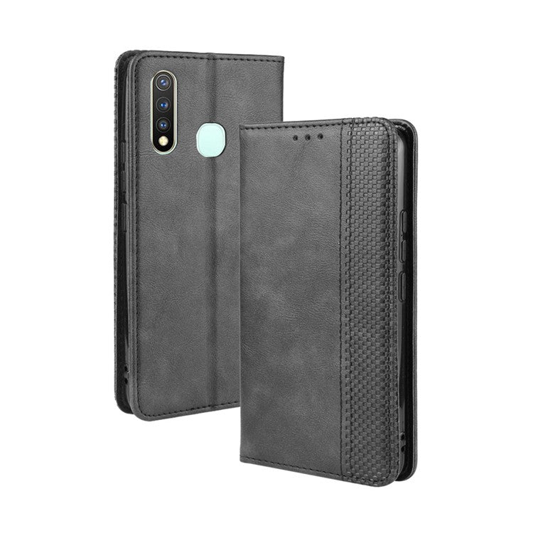 Vintage Style Leather Wallet Case for Vivo Y19/Y5S/U3/U20 - Black