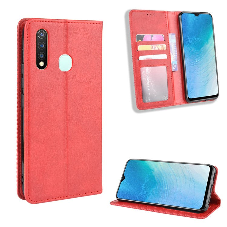 Vintage Style Leather Wallet Case for Vivo Y19/Y5S/U3/U20 - Red