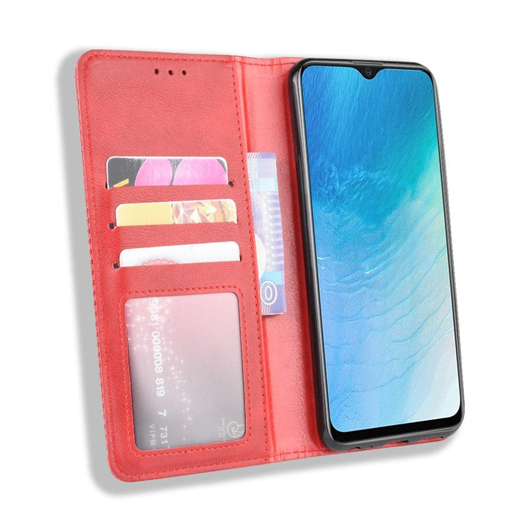 Vintage Style Leather Wallet Case for Vivo Y19/Y5S/U3/U20 - Red