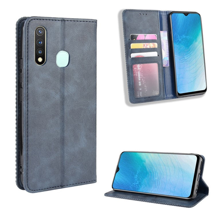 Vintage Style Leather Wallet Case for Vivo Y19/Y5S/U3/U20 - Blue