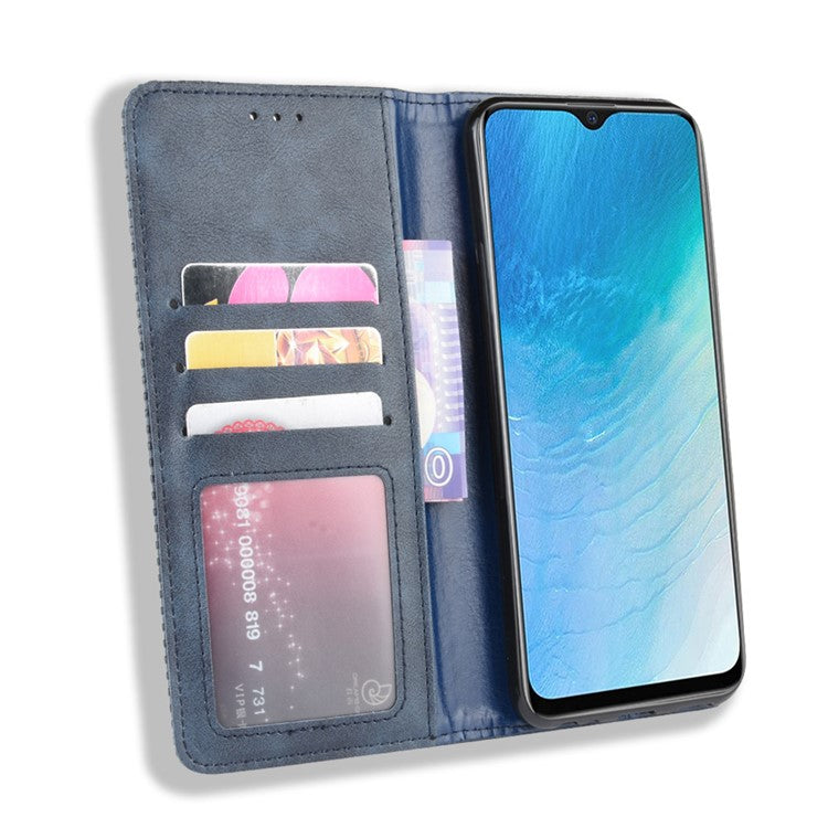 Vintage Style Leather Wallet Case for Vivo Y19/Y5S/U3/U20 - Blue