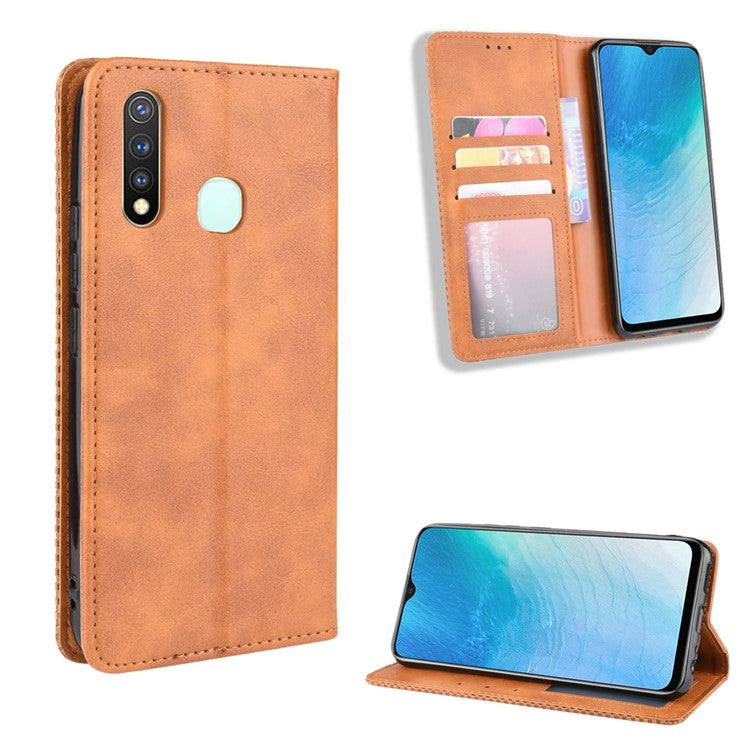 Vintage Style Leather Wallet Case for Vivo Y19/Y5S/U3/U20 - Brown