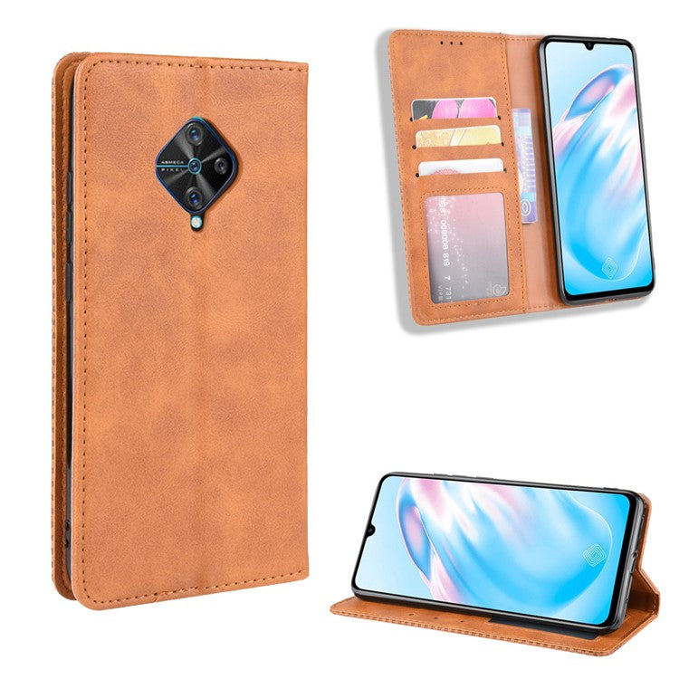Vintage Style Leather Wallet Cell Phone Cover for vivo V17 (Russia Version)/S1 Pro - Brown