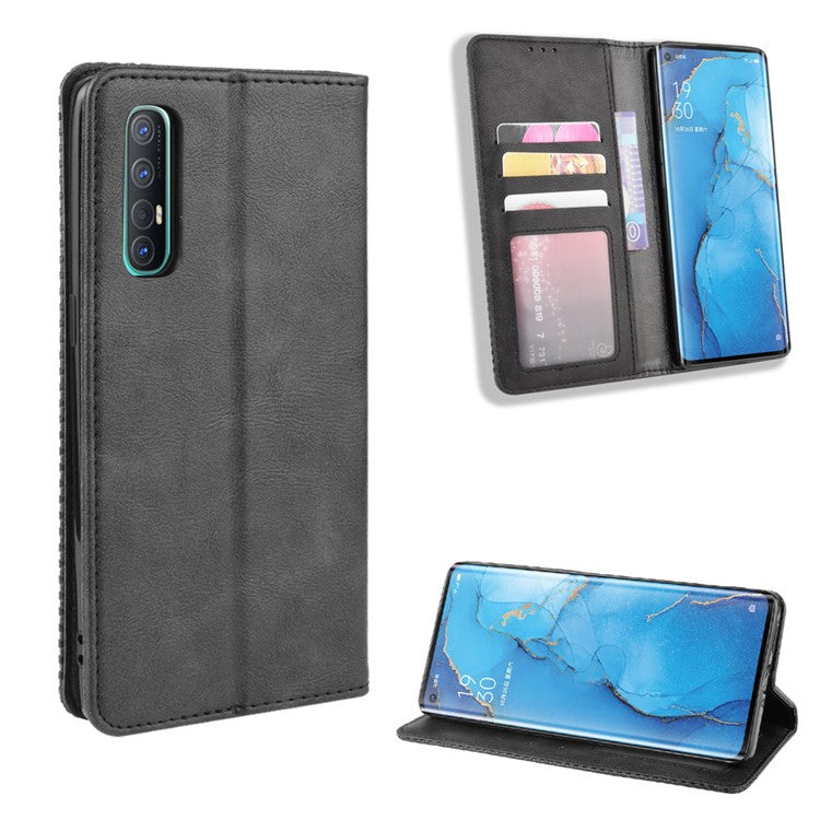 Vintage Style Leather Wallet Case with Stand for Oppo Reno3 Pro 5G - Black