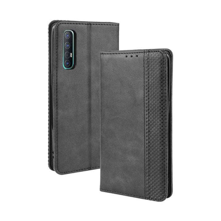 Vintage Style Leather Wallet Case with Stand for Oppo Reno3 Pro 5G - Black