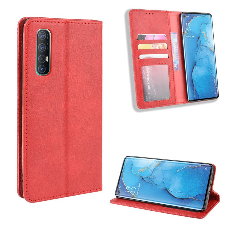 Vintage Style Leather Wallet Case with Stand for Oppo Reno3 Pro 5G - Red