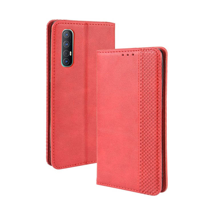 Vintage Style Leather Wallet Case with Stand for Oppo Reno3 Pro 5G - Red