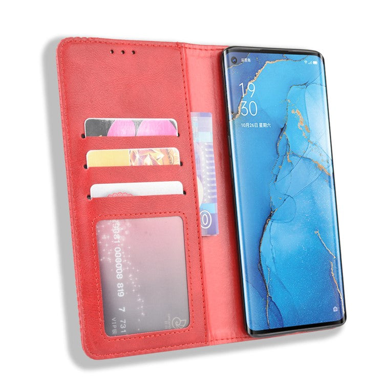 Vintage Style Leather Wallet Case with Stand for Oppo Reno3 Pro 5G - Red