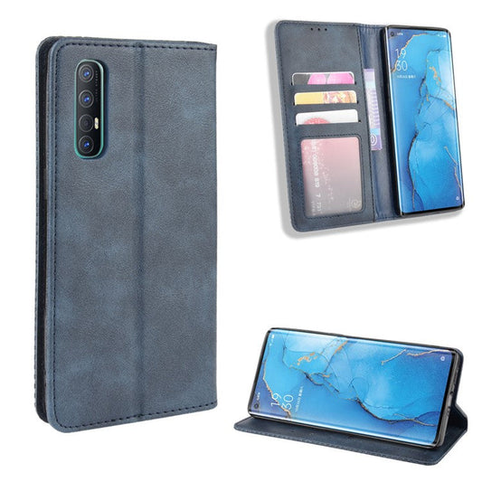 Vintage Style Leather Wallet Case with Stand for Oppo Reno3 Pro 5G - Blue