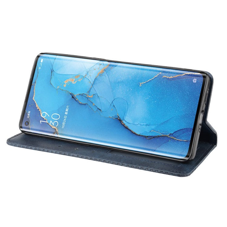 Vintage Style Leather Wallet Case with Stand for Oppo Reno3 Pro 5G - Blue