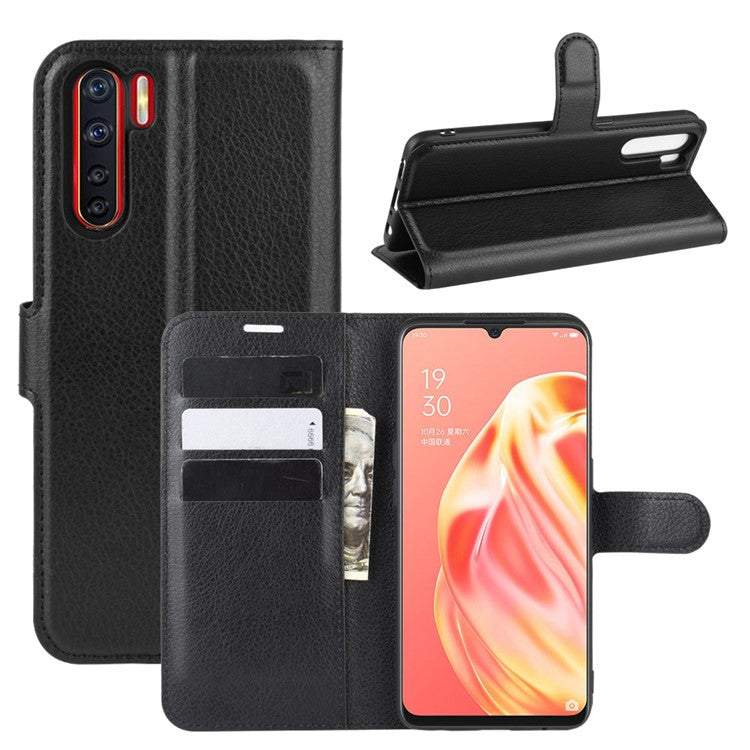 Litchi Texture Wallet Stand Leather Cell Phone Cover for OPPO A91 / F15 - Black